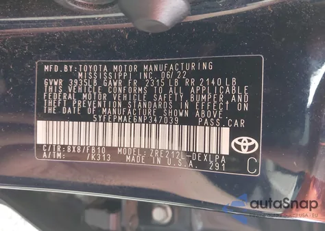 2022 Toyota Corolla Le from USA, damaged, VIN 5YFEPMAE6NP347039